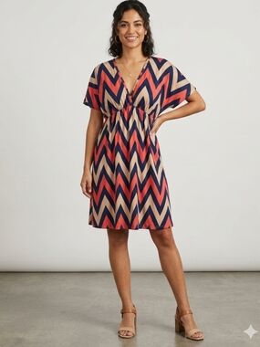 Yetts Chevron V-Neck Midi Dress in Navy, Orange & Tan Size M